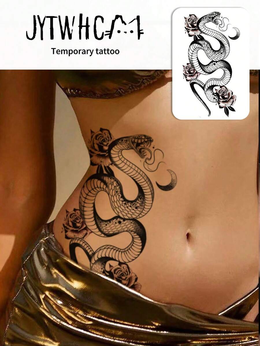 Waterproof Temporary Transfer Tattoo,1pc Water Transfer Paper, Dark Gothic Style, Coiled Snake, Rose & Crescent Moon Pattern, Delicate Line Details, Long Lasting Fake Tattoo Stickers, Body Art Decals For Women, Suitable For Waist, Abdomen, Hip, Arm - Black - View 1