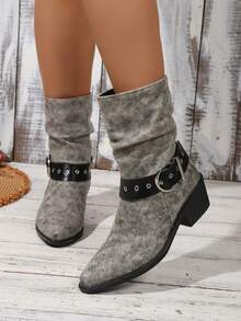 Sepatu Bot Koboi Wanita Model Slip-On dengan Ujung Lancip dan Hak Tebal, Bukaan Lebar, dan Gesper, Panjang Setengah Betis - Grey - View 4