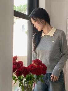 Chic Women's Long Sleeve Contrast Collar Pullover Sweater, Regular Length Grey Knit Top With Tight Hem For Everyday Wear - Grey - View 6