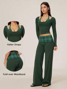 TimeOff Women's One Set Autumn/Winter Plaid 2 In 1 Patchwork Long Sleeve Folded Waist Wide Leg Pants - Dark Green - View 1