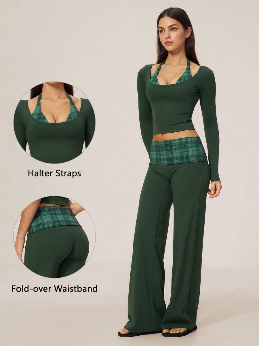 TimeOff Women's One Set Autumn/Winter Plaid 2 In 1 Patchwork Long Sleeve Folded Waist Wide Leg Pants - Dark Green - View 1