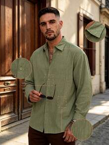 Lookun Men's Loose Fit Collared Shirt With Pleats, Japanese Minimalist Commuter Style, Vertical Textured Stripe, Autumn/Winter - Army Green - View 2