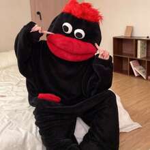1pc Red Cartoon Monster Plush One-Piece Hooded Pajamas, Blue Hair, Soft Fleece Teenager Loungewear Set - Multicolor - View 6