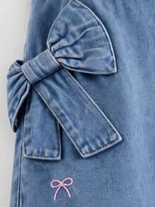 1pc Girls' Bow Embroidery Denim Overalls, 3D Bow Design Loose Straight Leg Pants, Cute Fashion Outfit - Medium Wash - View 5