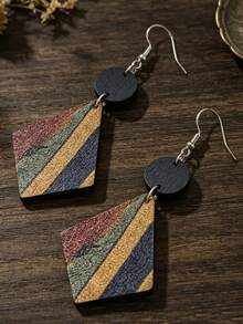 1 Pasang Anting Kayu Belah Ketupat Bergaris Vintage, Perhiasan Telinga Patchwork Bulat Geometris Bohemian - MultiWarna - View 5