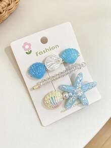 3pcs Women's Ocean Style Starfish & Shell Hair Clips, Glitter Iridescent Pearl Crystal Barrette, Vacation/Daily Wear Side Hair Accessory For Girls - Multicolor - View 3