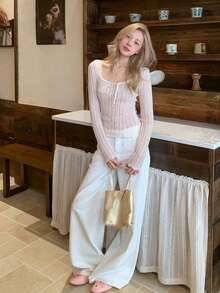 Korean Style Hollow Out Knit Slim Fit Long Sleeve Top For Women - Pink - View 5