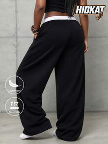 Hidkat Women's Casual Sports Long Pants, Patchwork Contrast Waist Design, Comfortable Versatile Wide Leg Curved Pants, Suitable For Daily Wear, Commuting, Lazy Street Style - Black - View 3