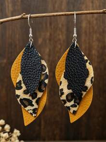 1 Pair Vintage Western Style Multi-Layer PU Leather Earrings, Sexy Leopard Print Color Block Leaf Bohemian Earrings - Multicolor - View 6