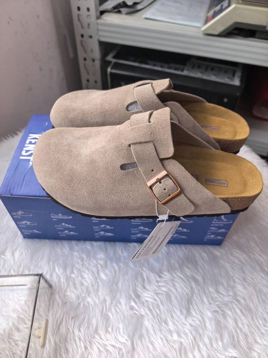 Boston Slippers Cork Footbed Sandals For Women Suede Slip On Mules With Buckle Comfortable Arch Support Walking Shoes