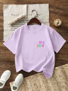 Tween Girl Casual Graphic Print Crew Neck Short Sleeve T-Shirt, Summer Top - Purple - View 2