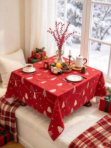 MineLain 1pc Merry Christmas Red Christmas Tablecloth, Cute Christmas Tree Pattern, Rectangular Tablecloth, Coffee Table, Bedside Table, Sideboard, Small Round Table Cover, Desktop Decoration, Holiday Home Decor, Suitable For Kitchen, Dining Room, Bedroom, Living Room, Party, Holiday, New Year Decoration, Christmas Decoration, Christmas Gift - Red - View 3