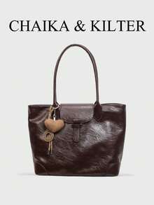 1 buah Tas Tote Bahu Minimalis Persegi dari Kain PU, Cocok untuk Bepergian, Berbelanja, dll. (Dengan Liontin) - Kopi - View 2