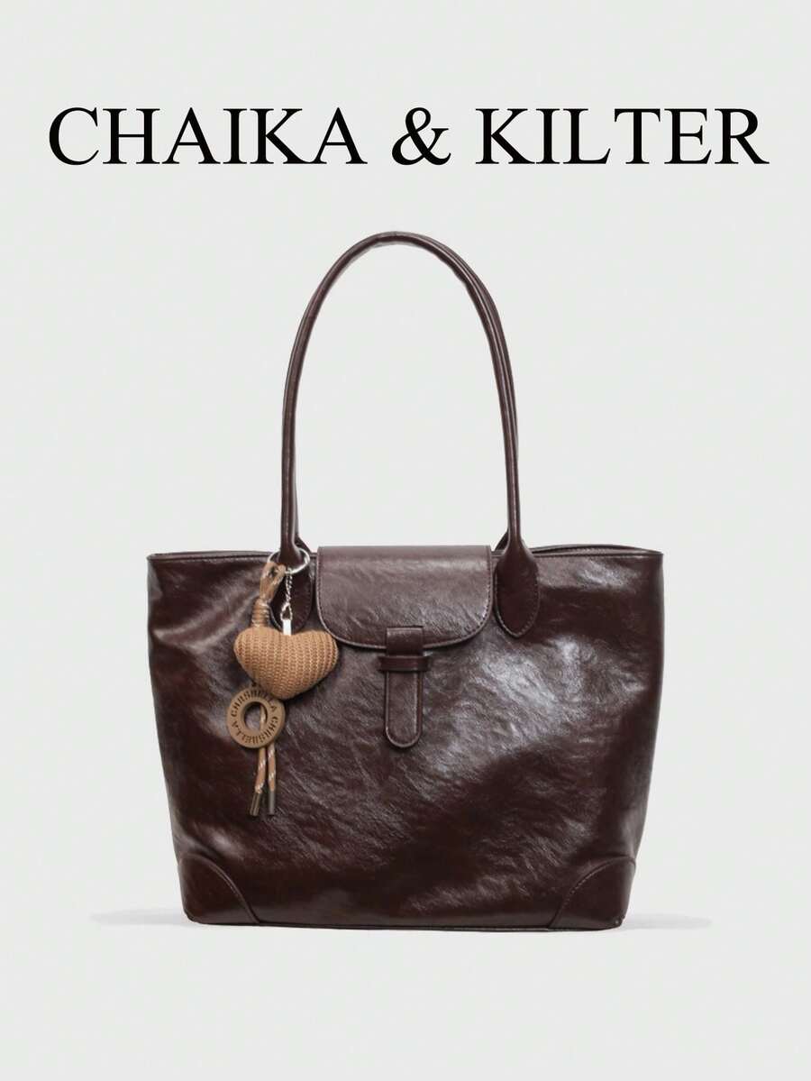 1 buah Tas Tote Bahu Minimalis Persegi dari Kain PU, Cocok untuk Bepergian, Berbelanja, dll. (Dengan Liontin)