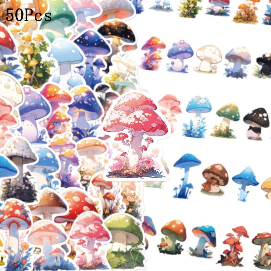 50Pcs Kawaii Mushroom Stickers, Cute Cartoon Colorful Mushroom Plant Vinyl Waterproof Stickers, DIY Decals For Water Bottle Laptop Scrapbook Luggage Phone Case - Multicolor - View 1