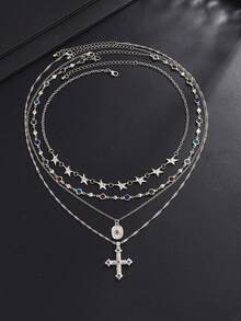 4pcs Vintage Glamorous Multi-Color Rhinestone Star Chain Necklace, Personalized Hip-Hop Cross Pendant Necklace, Daily Party Accessory, Unisex - 4pcs - View 5