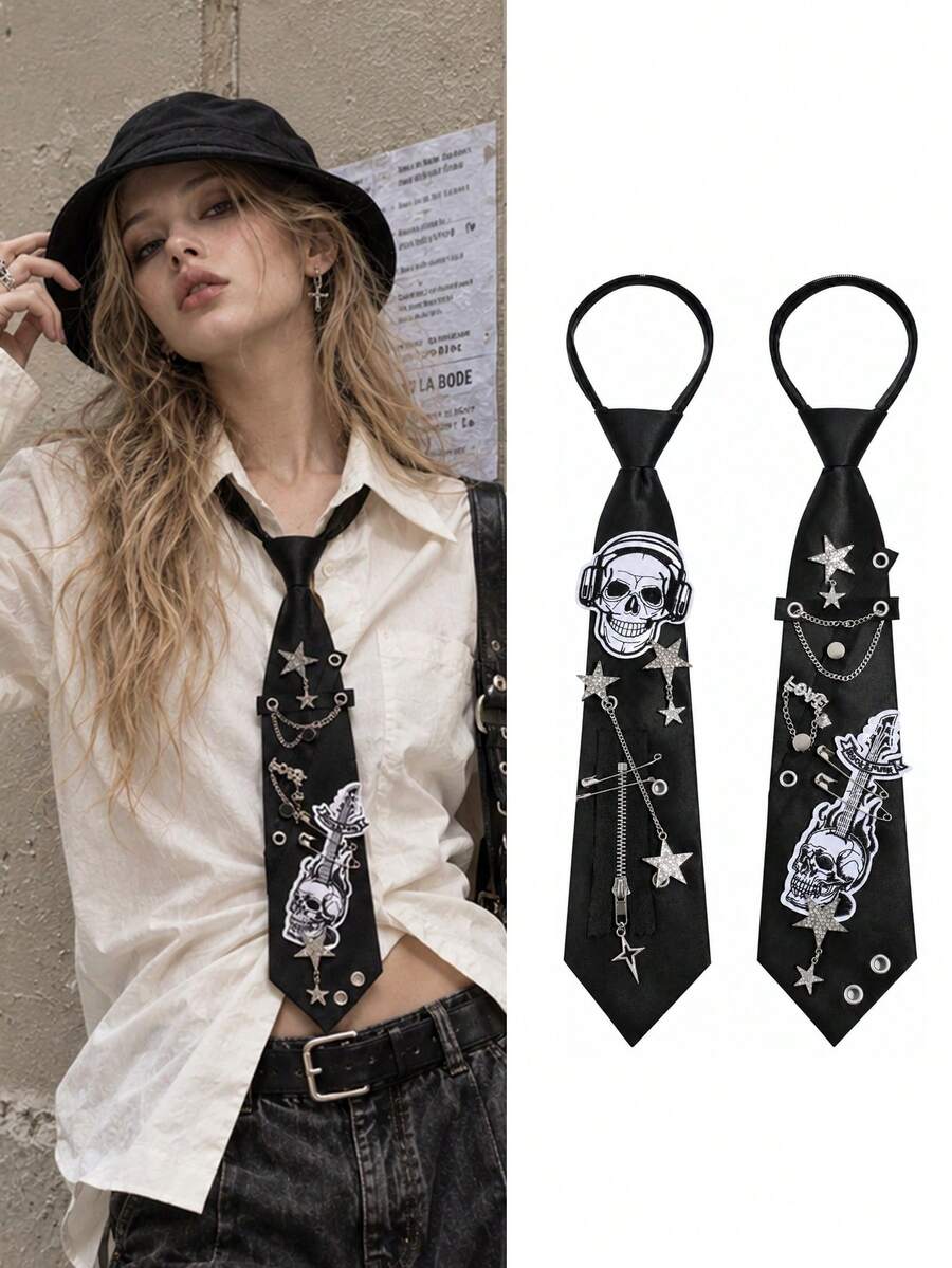 1pc Punk Rock Street Style Skull Women's No-Tie Rhinestone Chain Brooch Decorative Accessory - Multicolor - View 1