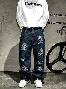 Street Style Skull Pumpkin Bat Digital Print Y2K Loose Baggy Wide Leg Raw Denim Washed Casual Long Pants For Men - Medium Wash - View 6