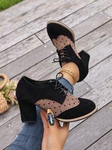 British Style Lace-Up Women's Plaid Patchwork Chunky Heel High Heels Round Toe Vintage Brogue Leather Shoes - Black - View 3