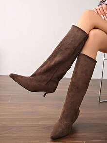 French Blogger Style Pointed Toe Wide Shaft Knee-High Boots, Nordic Kitten Heel Riding Boots For Women, Ins Style - Coffee Brown - View 6