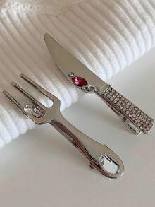 2PCS Personalized Rhinestone Metal Faux Knife & Fork Duck Bill BB Hair Clips, Unique & Fun Hair Accessories, Bangs Clip Side Clip, Suitable For Daily Wear, Party, Vacation, Outing, Girls Holiday Gift Hair Ornament - Silver - View 4