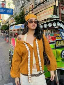 Floral Lace Trim Bow Front Sweater Cardigan, Button Up, Long Sleeves, Soft Knit, Orange, Vintage Elegant Fall Layering Top For Women - Orange - View 1