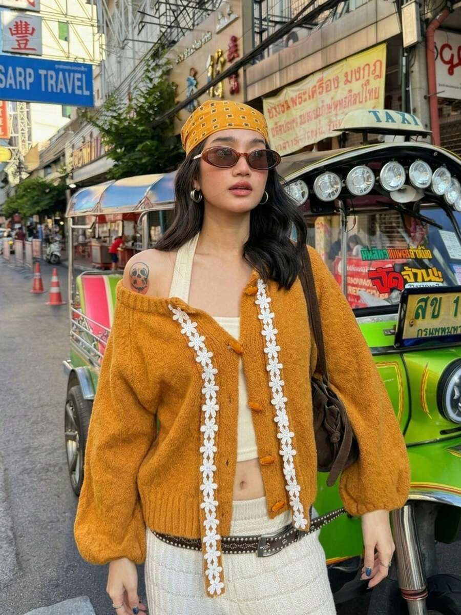 Floral Lace Trim Bow Front Sweater Cardigan, Button Up, Long Sleeves, Soft Knit, Orange, Vintage Elegant Fall Layering Top For Women - Orange - View 1