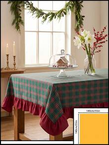 1pc Deep Green Background Red & White Striped Plaid Tablecloth, Vintage Holiday Style Fabric Material, Rectangular Red Ruffle Hem Decor, Beautify & Protect Tabletop, Suitable For Christmas, Winter Indoor Decor, Home Coffee Table - Green - View 15