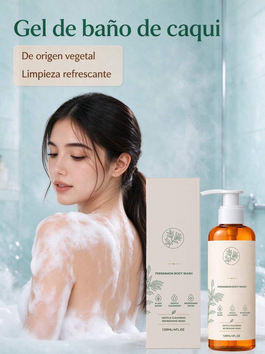 Gel de baño de caqui, de origen vegetal, limpieza profunda, nutritivo, hidratante, lavado refrescante, calmante, mejora los malos olores, fragancia suave de larga duración, piel suave, espuma abundante, textura ligera, no graso, práctico, para todo tipo de piel