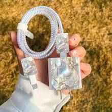 5pcs 2D Flat Design Gilded Texture Phone Charger Protection Set Charger Head Cover + Cable Protector + Storage Rope + Data Cable Protection Rope, Compatible With Iphone 20W/18W Charger - Multicolor - View 4