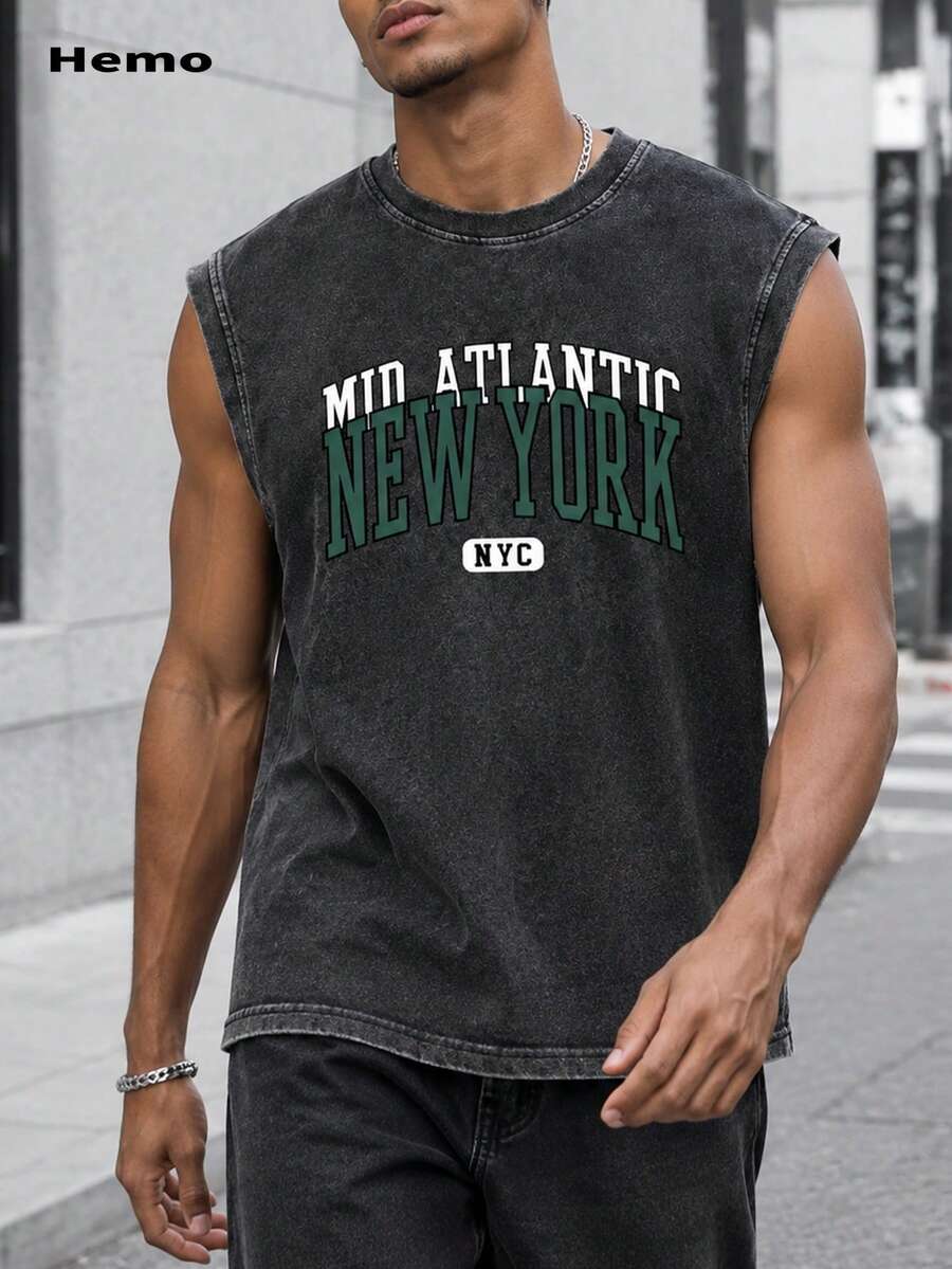 Hemo, Men's Street Graphic Tank Top, Slightly Stretchy Washed Black Crew Neck Casual Tank Top For Daily Wear - Black - View 1