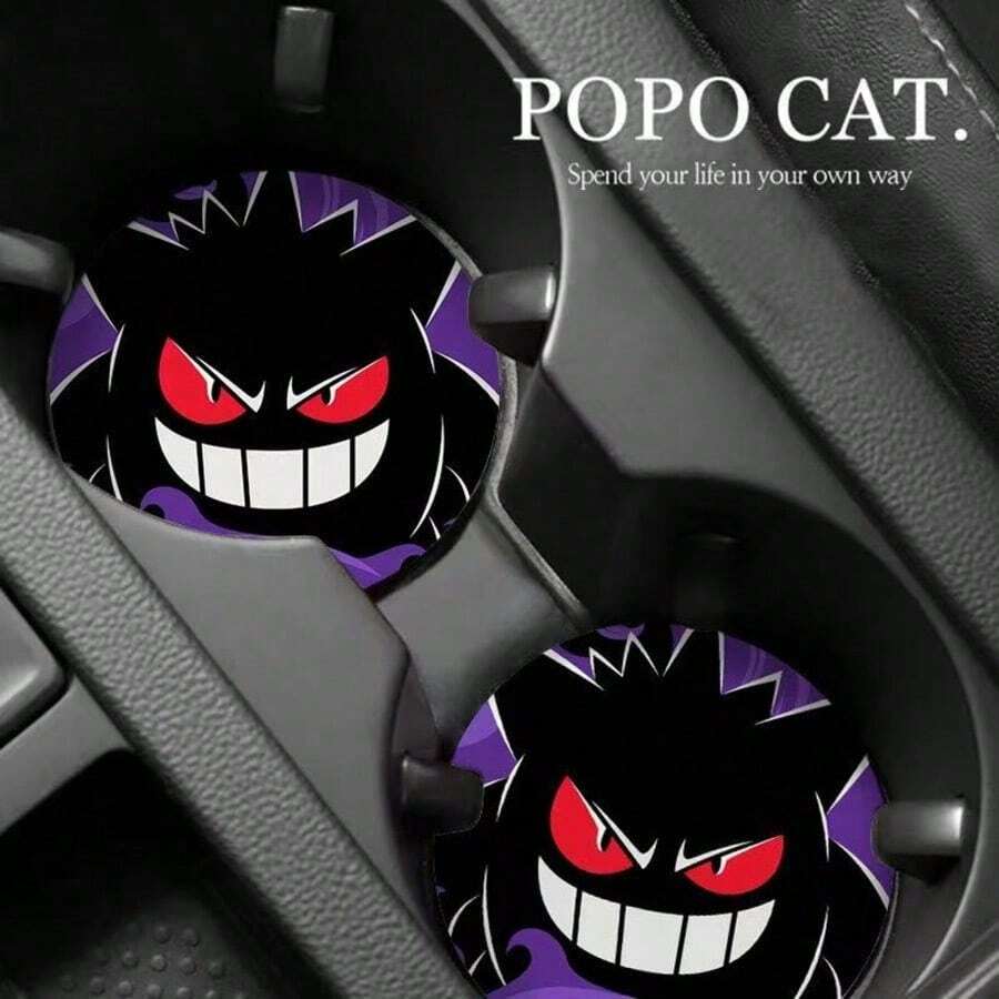 Hasbro 2pcs/Set Gengar Pokémon Car Cup Holder And Door Slot Mats, Cartoon Car Interior Anti-Slip Storage Mats - Purple Anti-slip Car Mat - View 1