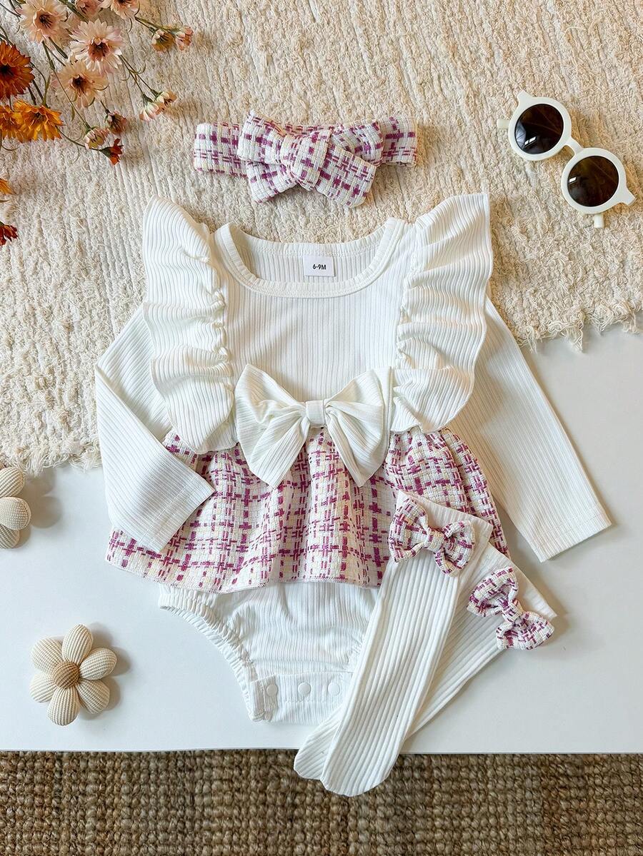 Autumn/Winter Korean Style Baby Girl 3 Pieces Set, Flutter Sleeve Plaid Bodysuit With Headband And Knee-High Socks, Spring/Autumn Outfit - White - View 1