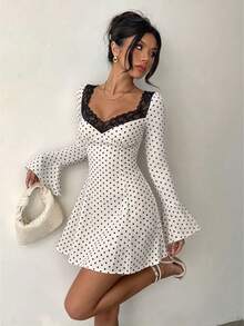 Polka Dot Dress, Elegant Party Dresses Women, Birthday Dress, Ruffle Dress, V-Neck Contrast Lace, Long Flare Sleeve, Slim Mini Dress, Fall/Winter - White - View 1