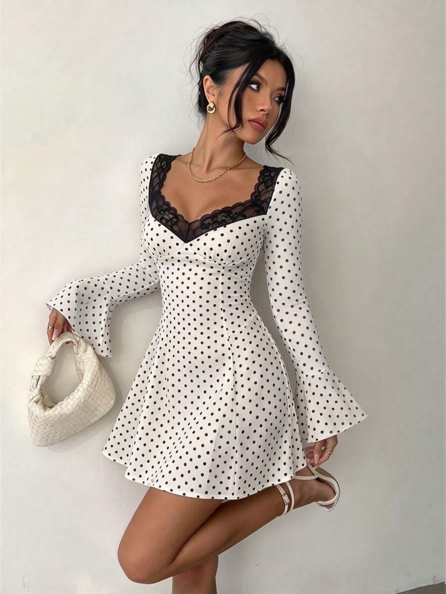 Polka Dot Dress, Elegant Party Dresses Women, Birthday Dress, Ruffle Dress, V-Neck Contrast Lace, Long Flare Sleeve, Slim Mini Dress, Fall/Winter - White - View 1