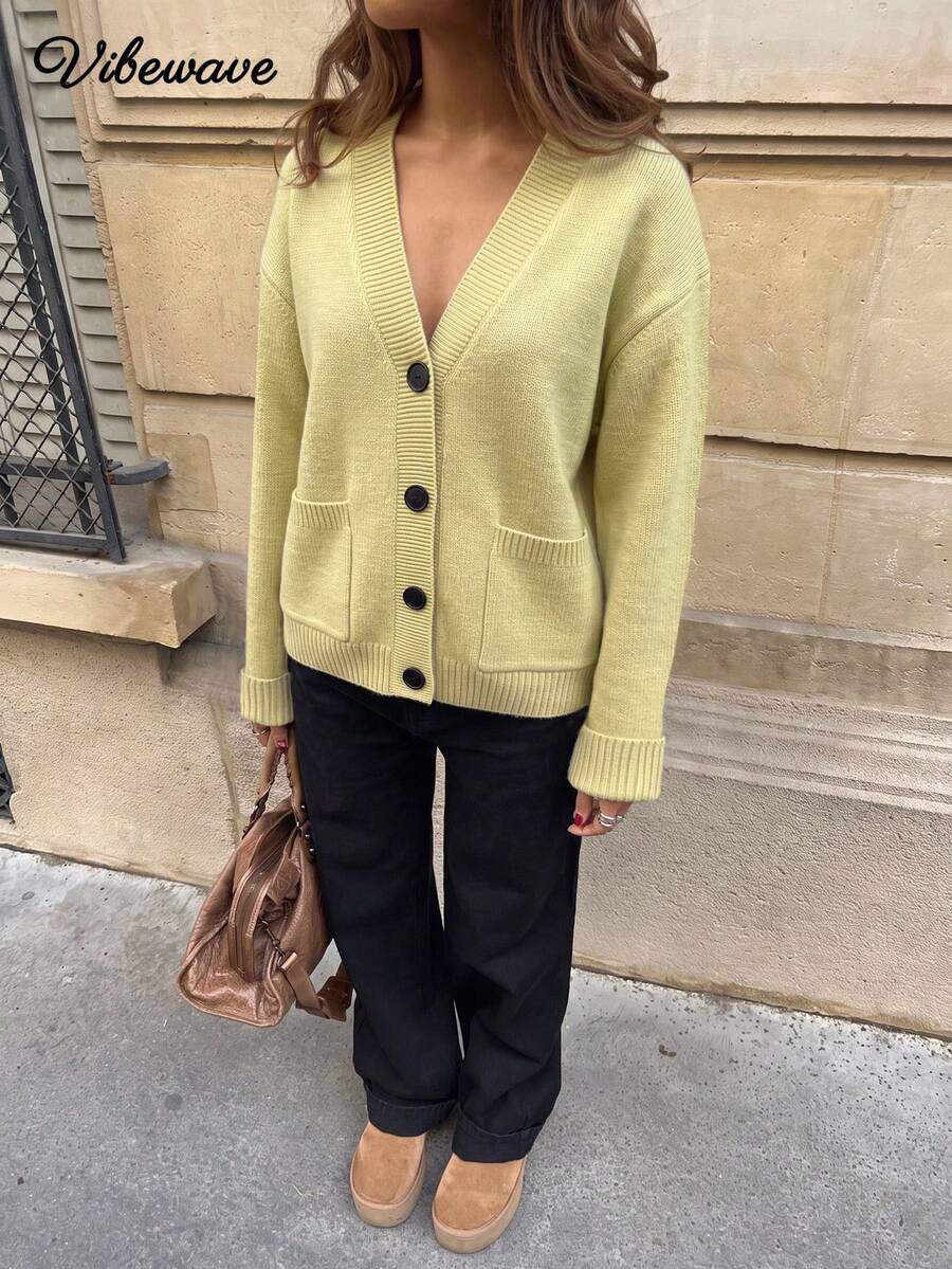 VIBEWAVE Soft Pale Yellow V-Neck Single-Breasted Loose Drop Shoulder Knit Cardigan For Women With Pockets, Soft Casual Solid Color Sweater Jacket, Spring/Autumn Relaxed Old Money Style Daily Commute Shopping Outerwear - Green - View 1