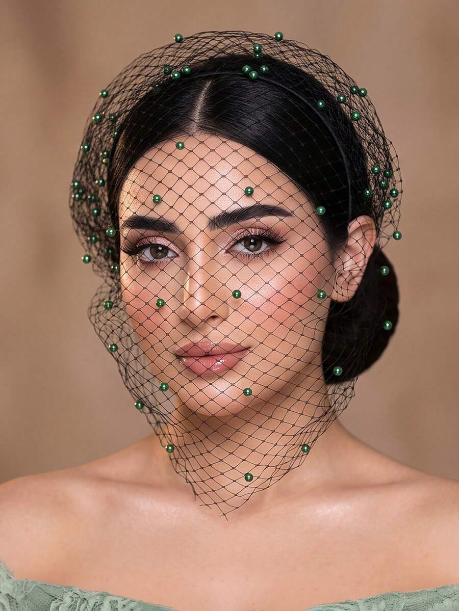 1 قطعة عصابة رأس شبكية بتصميم قفص طيور عتيق، عصابة رأس سوداء مزينة بلؤلؤ صناعي أخضر داكن، إكسسوار شعر لحفلات العشاء والزفاف والتصوير