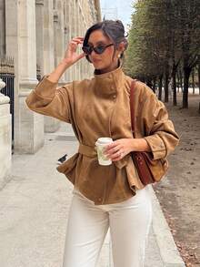 Women's Autumn/Winter Faux Suede Lace-Up Stand Collar Loose Jacket - Camel - View 6