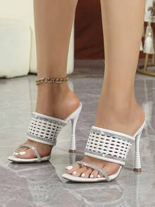 Elegant White Hollow Knit Square Toe Mule Heels, Rhinestone Trim Slip On High Heel Slides For Wedding Nightclub Formal Events - White - View 2