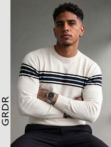 GRDR Men's Knitted Sweater, Striped Solid Color Long Sleeve, Suitable For Autumn/Winter Outings, Fashion Essential - White - View 3