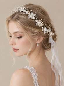 1pc White Leaf & Flower Headband, Suitable For Wedding, Party And Other Occasions. Bride & Bridesmaid Headpiece, Pearl Flower Ribbon Headband, Decorative Hair Accessory, Women's Fashion Hair Accessory - Multicolor - View 1