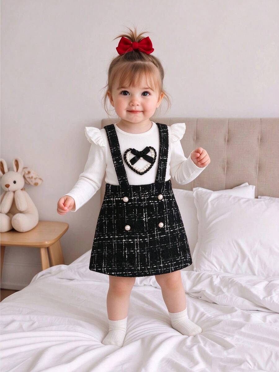 2pcs/Set Baby Girl Princess Style Outfit, Ribbed Flutter Sleeve Heart Bow Bodysuit + Tweed Plaid Overall Skirt, Pearl Button Embellishment, Soft Skin-Friendly Fabric, Vintage Chic, Suitable For Outings, Photoshoots, First Birthday, Sweet Spring/Autumn Set, Cute Versatile Elegant - Black - View 1