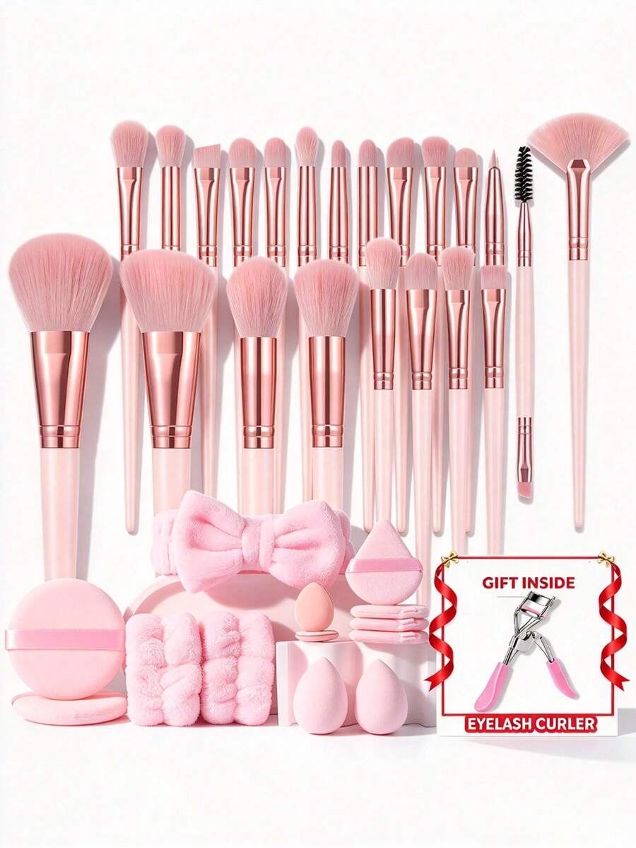 35pcs & 1pc Free Gift Pink Professional Makeup Brush Set, Soft Synthetic Cosmetic Brushes For Foundation Blush Eyeshadow, Complete Makeup Tool Kit With Makeup Sponge, Powder Puff, Bow Headband, Wrist Bands, Bonus Eyelash Curler Gift For Beginner - Pink - View 1