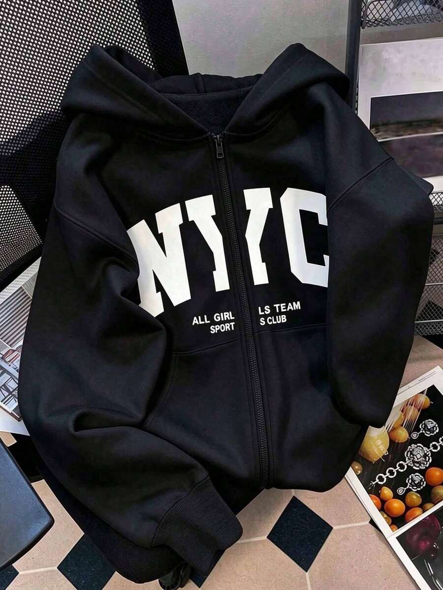 Plus Size Women's Autumn/Winter Letter Print Zip-Up Sweatshirt Jacket With Pockets, Fashionable Loose Outerwear, Suitable For Daily Outings, Parties, School, Music Festivals, Vacations And Commuting. Can Be Given As A Gift To Family, Boyfriend, Girlfriend, Friends, Ideal Clothing For Girls In Autumn/Winter - Black - View 1