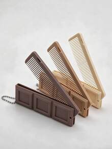 1pc Chocolate Bar Shaped Foldable Hair Comb With Built-In Mirror, Portable Pocket Size With Chain Charm, Suitable For Travel And Daily Makeup Hair Styling, Cute Creative Hair Accessory, Mini Handheld Makeup Mirror Comb/Comb/Hair Styling Tool/Hairdresser Essential/Hair Accessory For Women And Girls - Multicolor - View 2