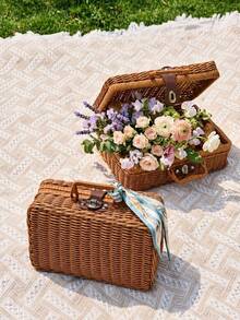 1pc Woven Handbag Cosmetic Storage Box, Wedding Gift Box, Bridesmaid Gift Box, Rattan Storage Basket, Travel Camping Photo Prop, Autumn Home Decor, Christmas Home Decor - Brown - View 2