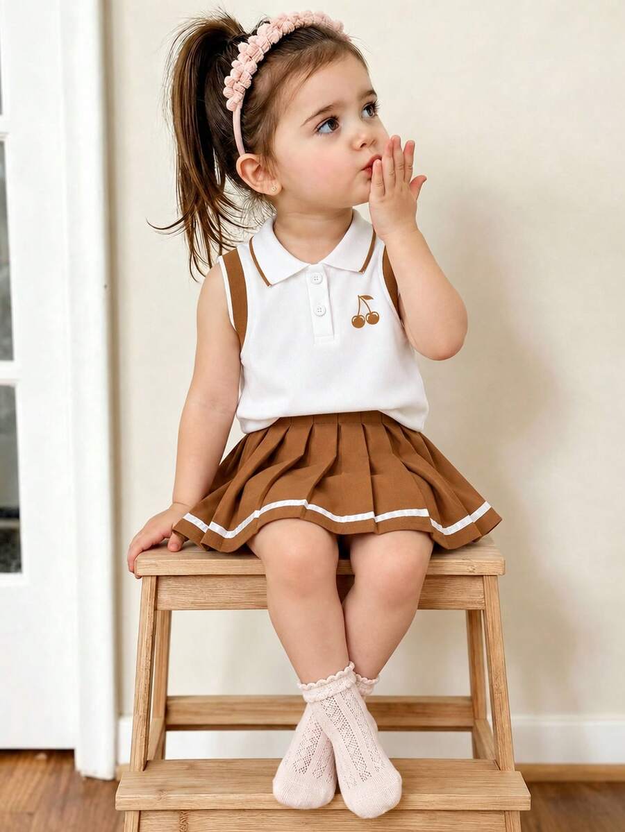Baby Girl Cherry Print Contrast Color Polo Collar Tank Top And Pleated Skirt Set - White - View 1