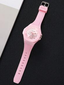 Women's Fashion Octagonal Quartz Watch, Silicone Strap Three-Dial Quartz Wristwatch, Gift For Girlfriend (1pc/Set) Watch Box Not Included - Pink - View 8