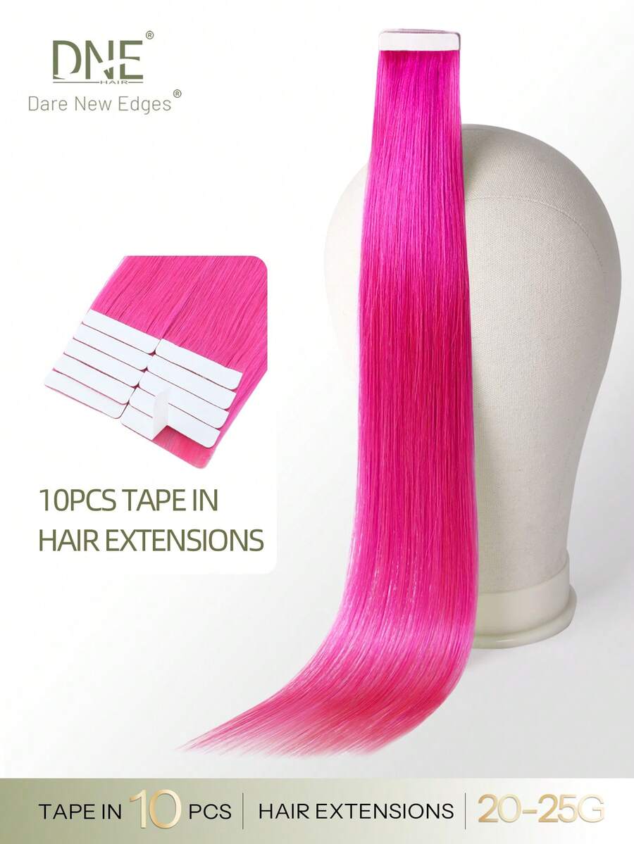 DNE HAIR 10pcs 100% Human Hair Tape-In Extensions, Pink, 25g, 18 Inch, Silky Seamless Invisible Rainbow Highlights, High Quality Thick Ends, Healthy And Long-Lasting, Suitable For Women/Girls - SPink - View 1