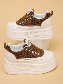 Women's Leopard Print Wedge Platform Sneakers Casual Lace-Up Shoes For Spring And Autumn - Brown - View 7